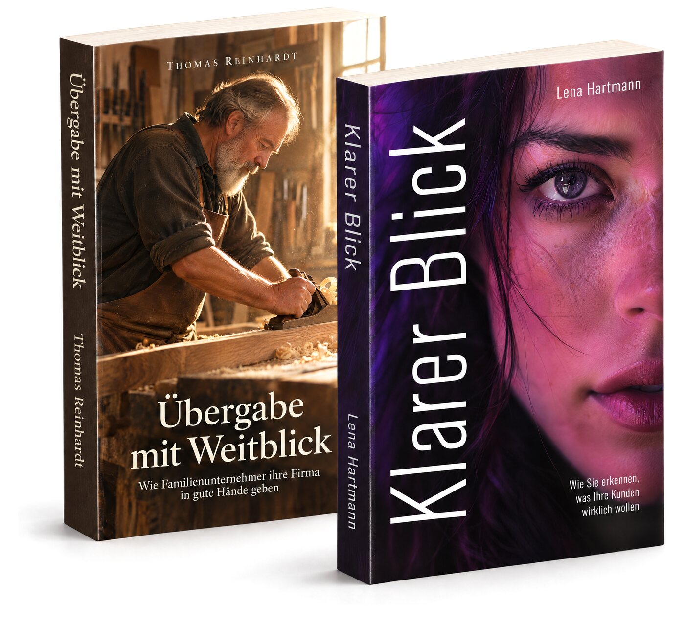 Zwei Beispielbücher mit Foto: „Klarer Blick“ und „Übergabe mit Weitblick“