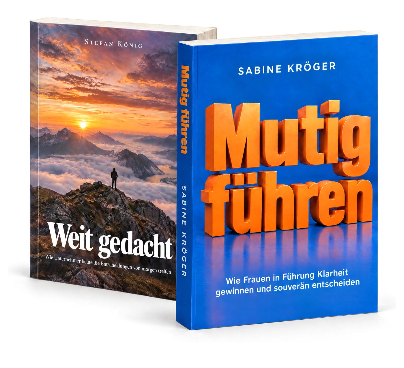 Zwei Beispielbücher: „Mutig führen“ in 3D-Schrift und „Weit gedacht“
