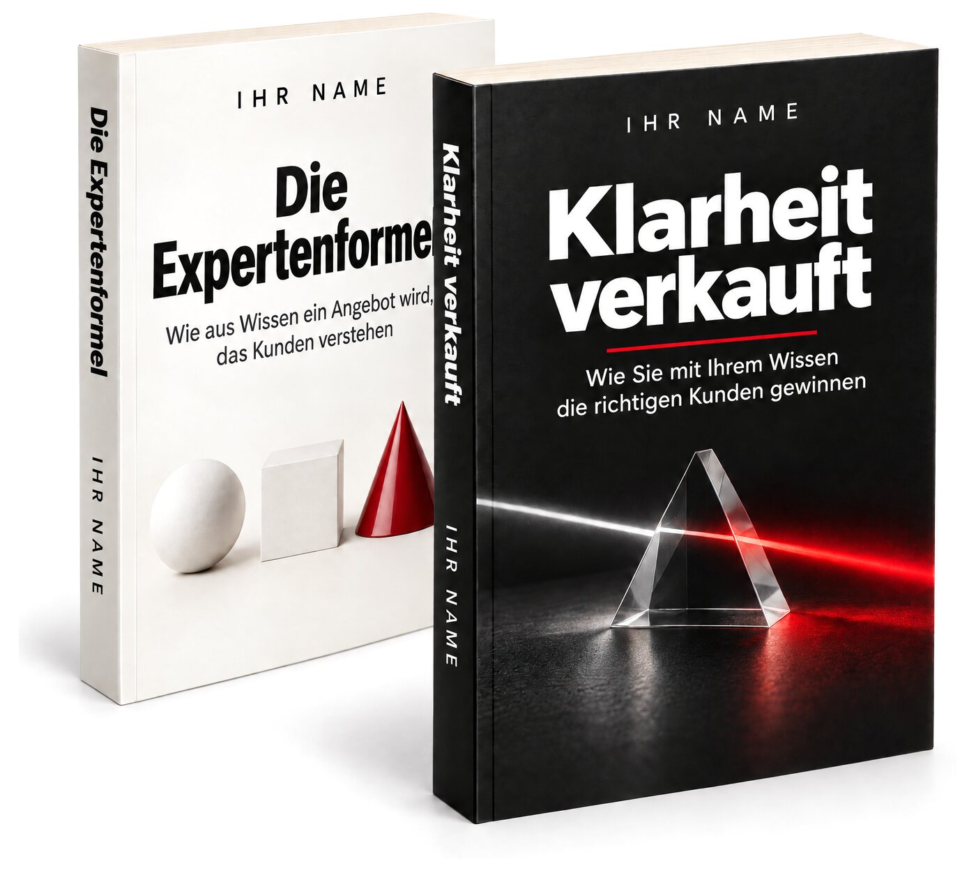 Zwei Beispielbücher mit dem Platzhalter „Ihr Name“: „Klarheit verkauft“ und „Die Expertenformel“
